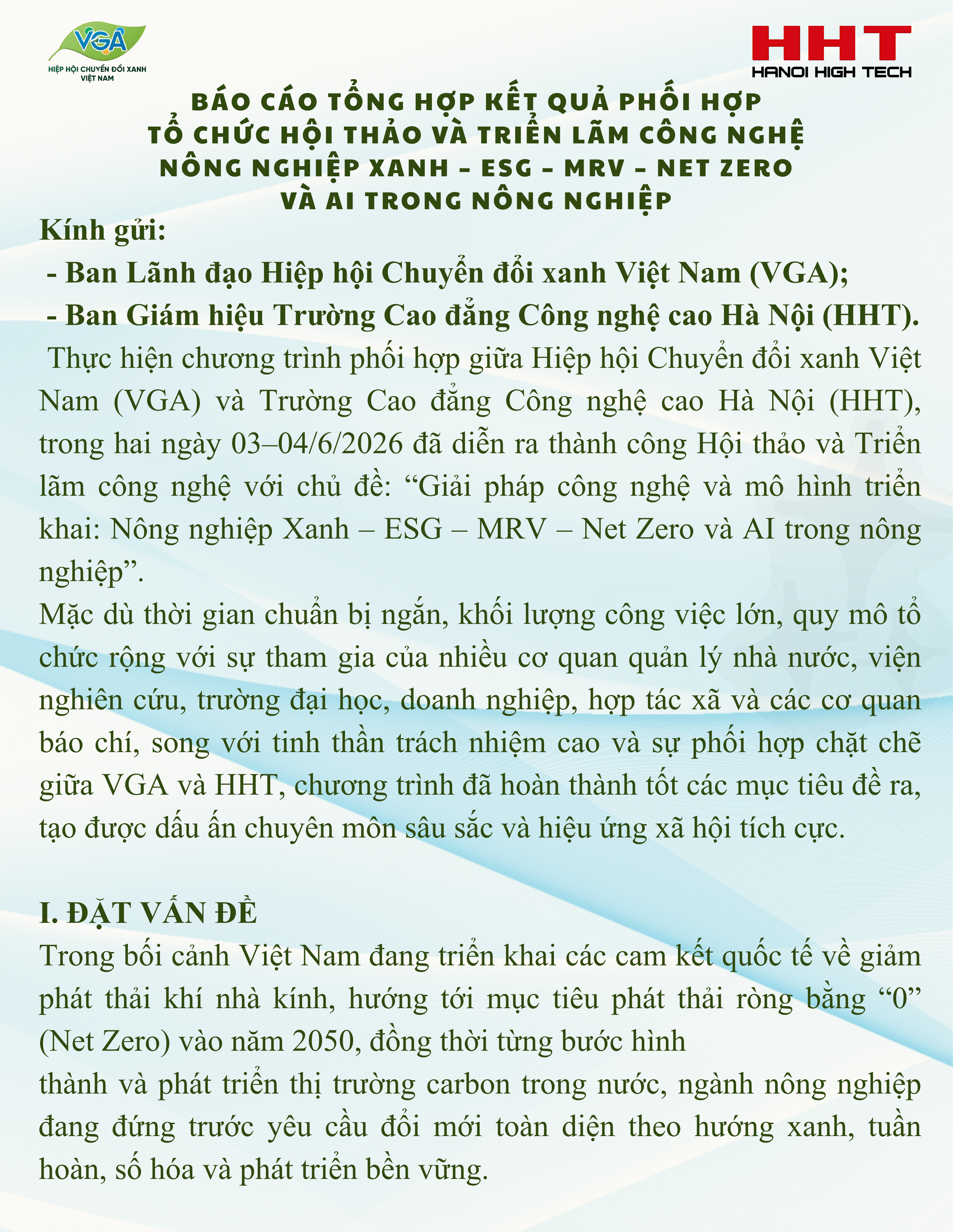 BÁO CÁO TỔNG HỢP KẾT QUẢ PHỐI HỢP TỔ CHỨC HỘI THẢO  VÀ TRIỂN LÃM CÔNG NGHỆ NÔNG NGHIỆP XANH – ESG – MRV – NET ZERO VÀ AI TRONG NÔNG NGHIỆP